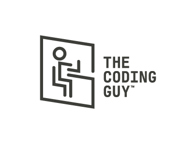 Logo showing an abstract cartoon figure sitting in front of a laptop coding.  Next to the Logo is the text The Coding Guy