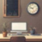A painting of a blank monitor on a desk, a wall clock and a wall calendar show urgency