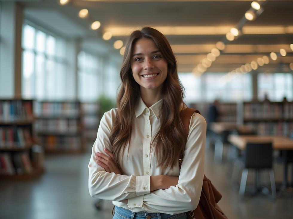 Smiling young woman with crossed arms in a modern library, wearing a white shirt and backpack, with bookshelves blurred behind her.