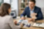 Smiling man in suit meets woman across desk with charts, graduation photos, laptop and signpost in a bright office