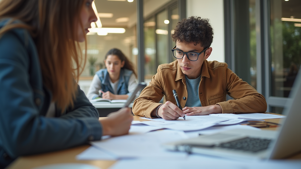 Eye-level view of a student discussing documents with an education consultant