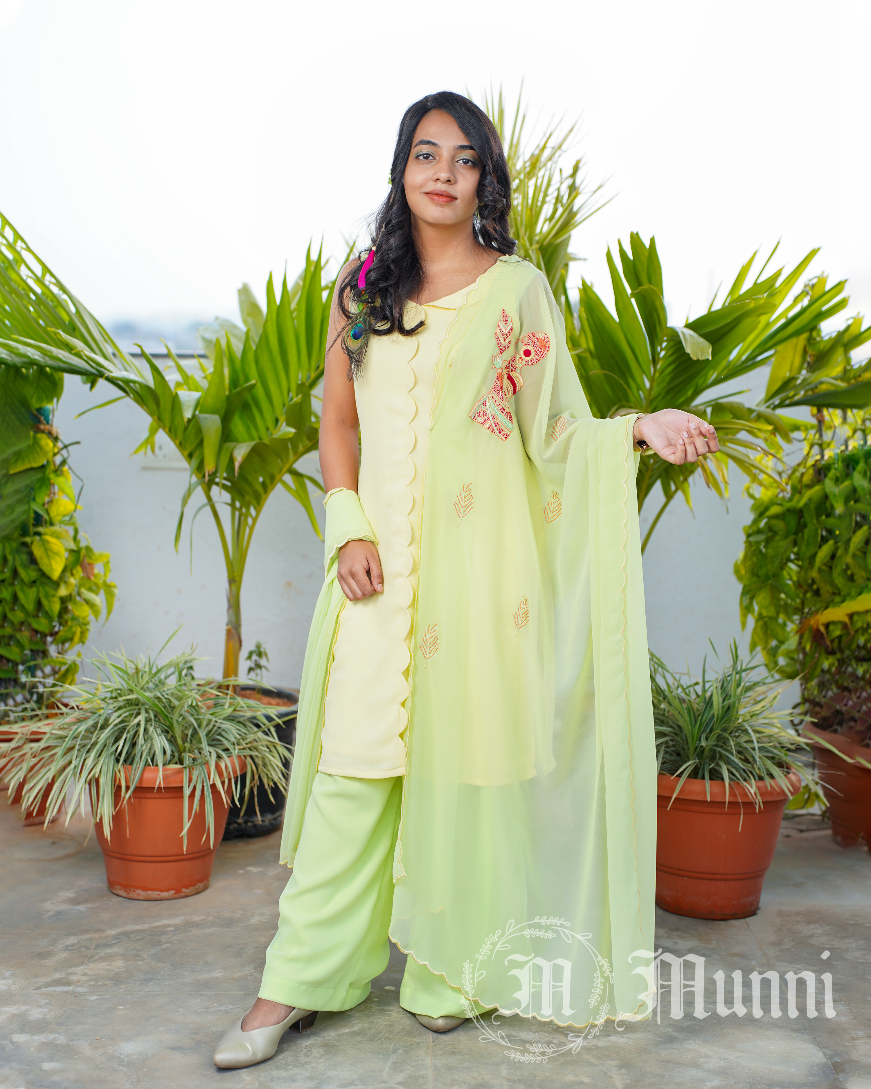 Yellow & Green Kurta set with Hand Embroidered Dupatta (Woman Motif)