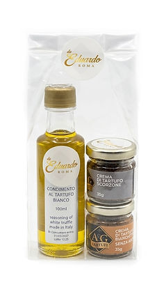 Bustina in plastica con il condimento al tartufo bianco, crema di tartufo di scorzone, e delizia di castagne