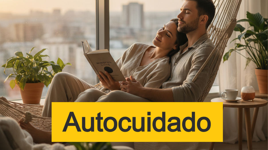 Casal em paz e relaxado juntos em uma rede em um ambiente tranquilo, lendo um livro ou meditando, com a luz do sol entrando pela janela - autocuidado na vida moderna