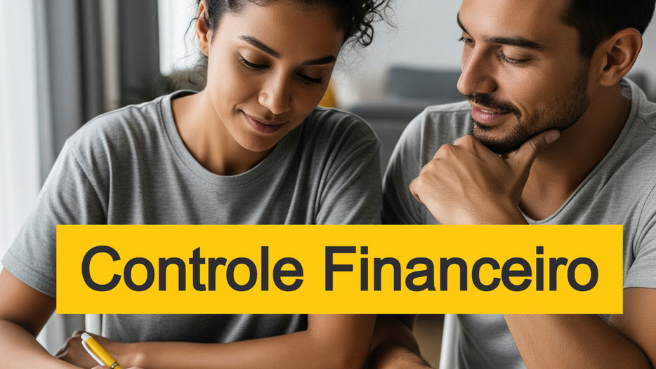 Casal brasileiro em casa, com foco em planejar suas finanças em um caderno, transmitindo colaboração e tranquilidade na organização financeira