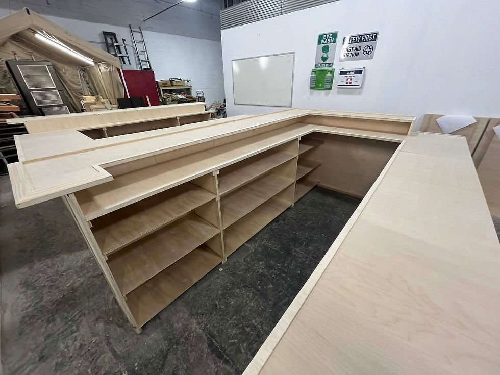 Thumbnail: 10 foot home bar with connected back, upper and lower shelving, 2 level top