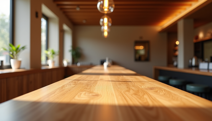 Eye-level view of a handcrafted wooden bar with a smooth finish in a bright room