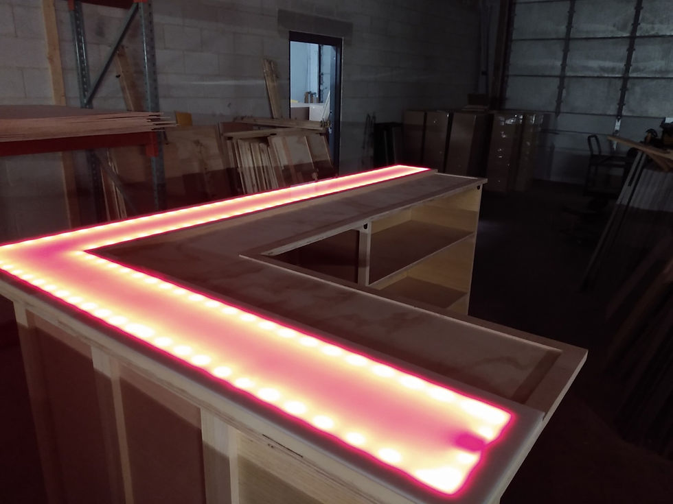 Thumbnail: 8 foot 'L' shaped home bar kit with LED bar top, shelving and appliance