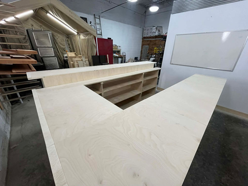 Thumbnail: 10 foot home bar with connected back, upper and lower shelving, 2 level bar top