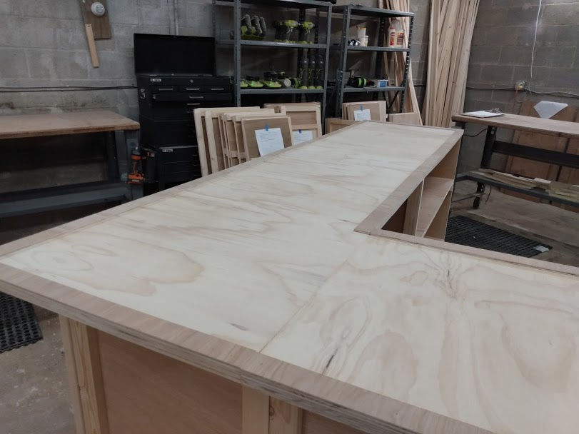 Thumbnail: 8 foot 'L' shaped bar with single level bar top and included shelving