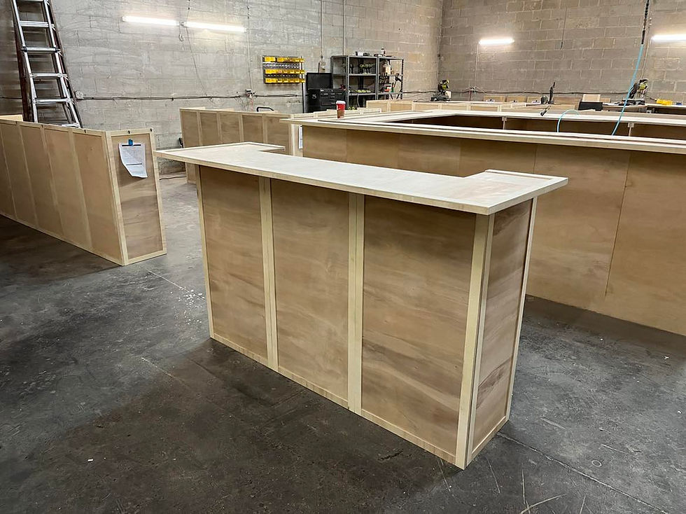 6 foot home bar kit with 2 level bar top, shelving and appliance space