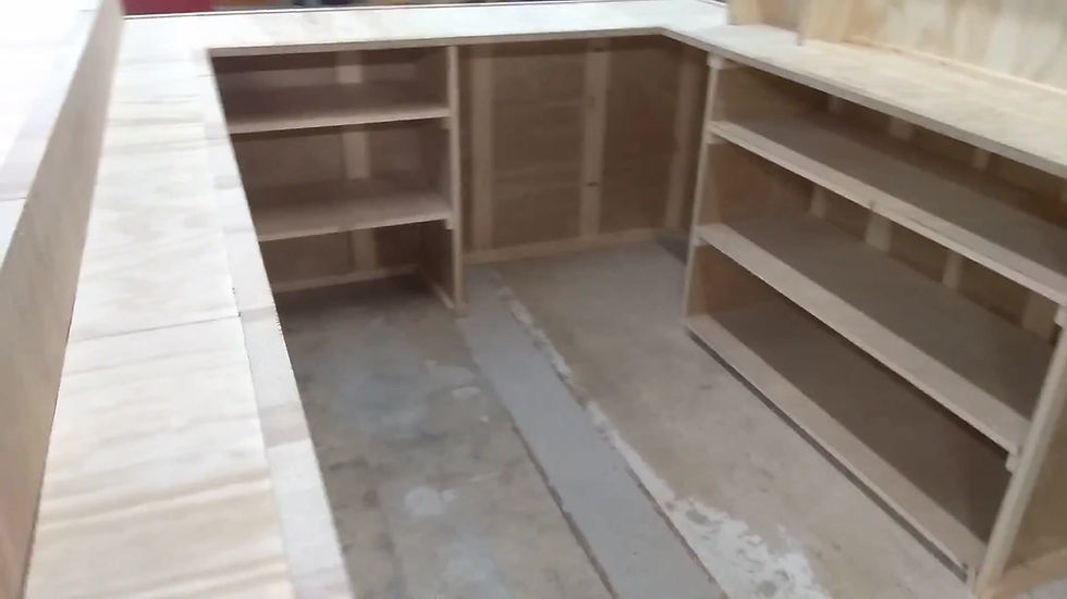 Thumbnail: 10 foot home bar with connected back, upper and lower shelving, 2 level bar top