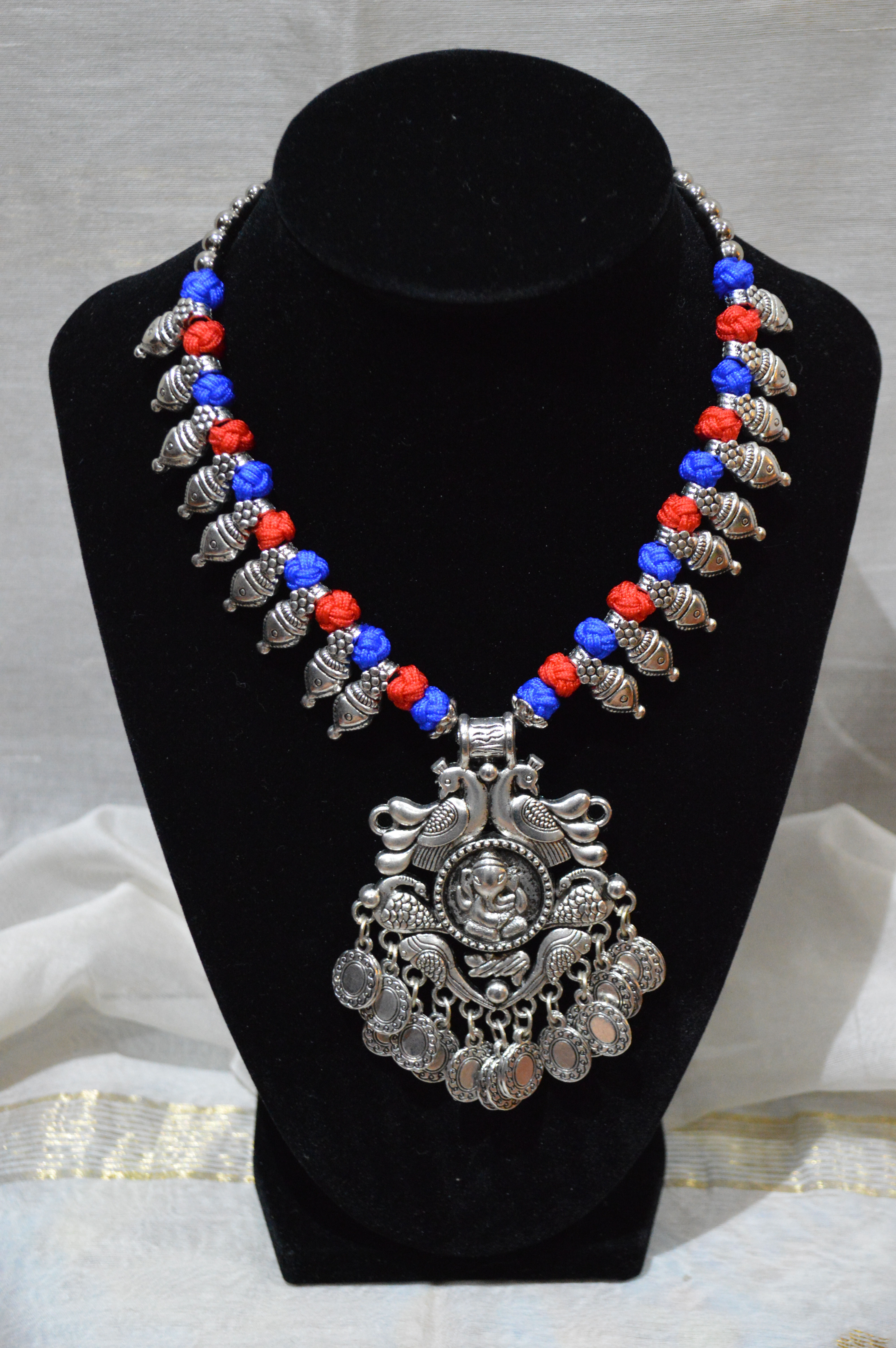 Oxidized Silver Choker Blue-Red Thread Necklace