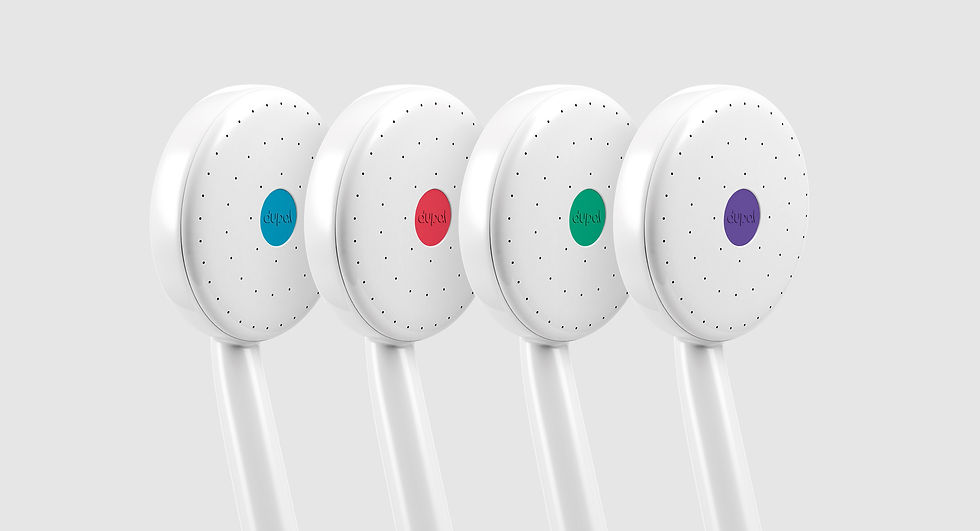 Thumbnail: Full replacement/disposable shower head scheme 100% recyclable by Dupal UK (Colours Red, Blue, Purple and Green)