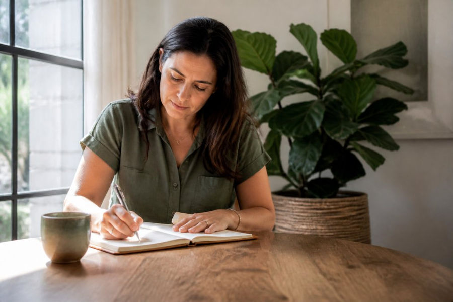 A person journaling in a sunlit room while practicing transformation coaching for personal growth.