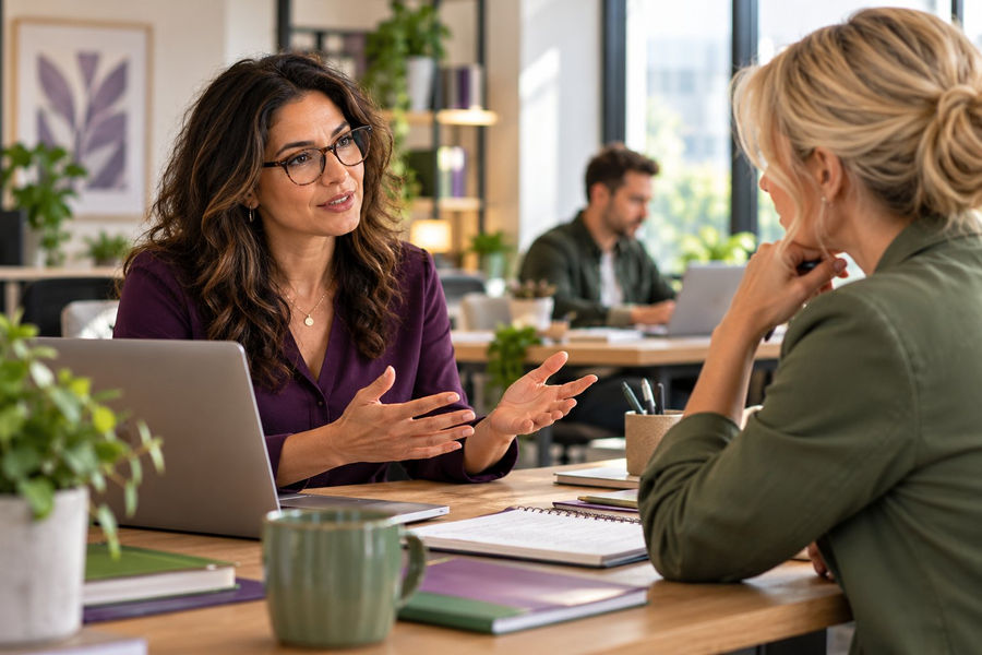 A brunette woman wearing glasses and a purple blouse discusses workplace boundaries with a blonde colleague in a green jacket across an office desk.