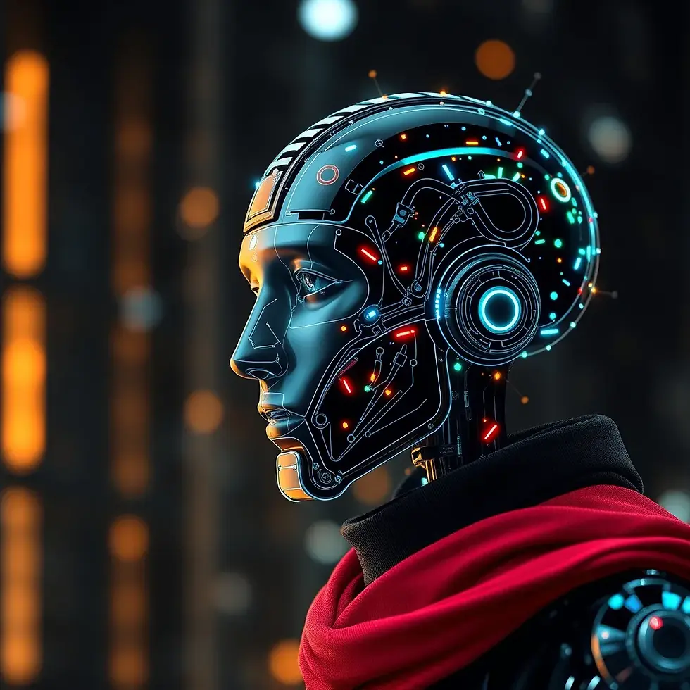 Portret futurist al unui android elegant, vibrant iluminat de lumini LED și purtând o eșarfă roșie, într-un decor urban contemporan.