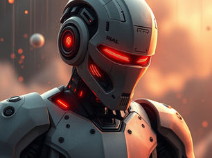 Un robot futurist cu un design avansat și linii luminoase roșii, capturat pe un fundal solar care subliniază un mediu science fiction.