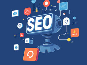 Ilustrație reprezentând conceptul de SEO (optimizare pentru motoarele de căutare), cu elemente vizuale care sugerează networking-ul digital și creșterea performanțelor online.