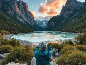 Un explorator admiră peisajul spectaculos al unui lac alpin înconjurat de munți impunători și cerul colorat al apusului.