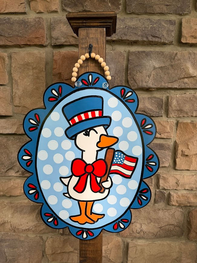 Thumbnail: Hand-Painted Patriotic Goose Door Hanger | Americana Birch Wood Decor