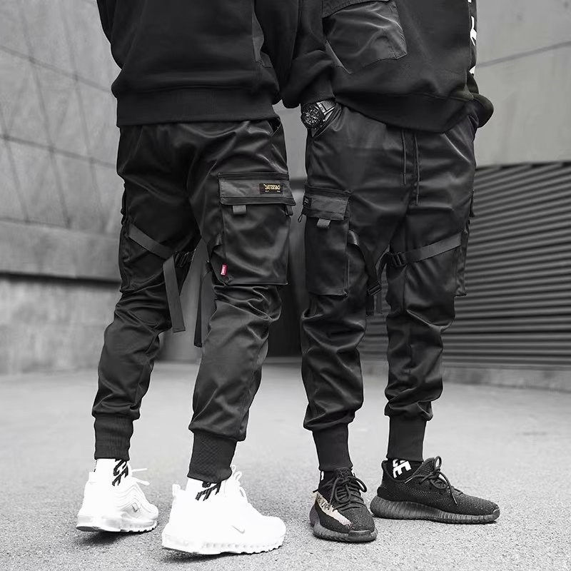 Ribbons Harem Joggers Men Cargo Pants Streetwear Hip Hop Casual Pockets Cotton