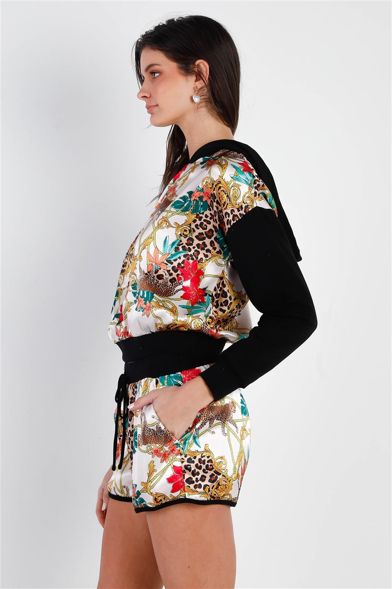 Thumbnail: Black & Ivory Satin Effect Animal Print Hooded Top & Short Set