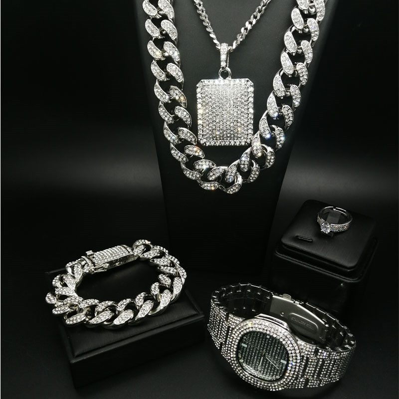 Thumbnail: Hiphop hiphop full diamond cuban necklace men set