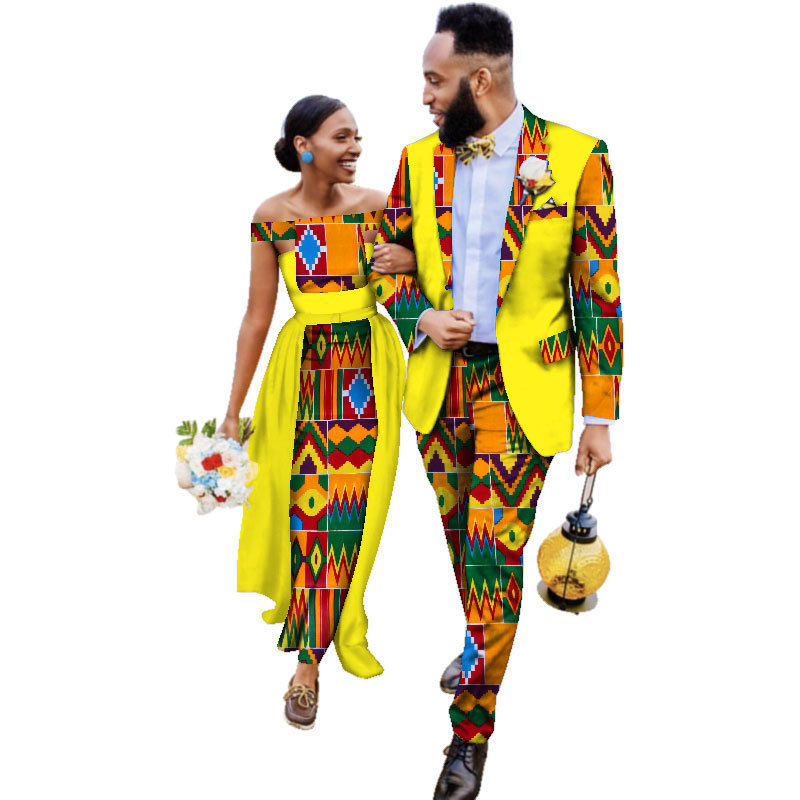 Thumbnail: Cotton African Couple Wearing Wedding Dress Suits And Dress Sets