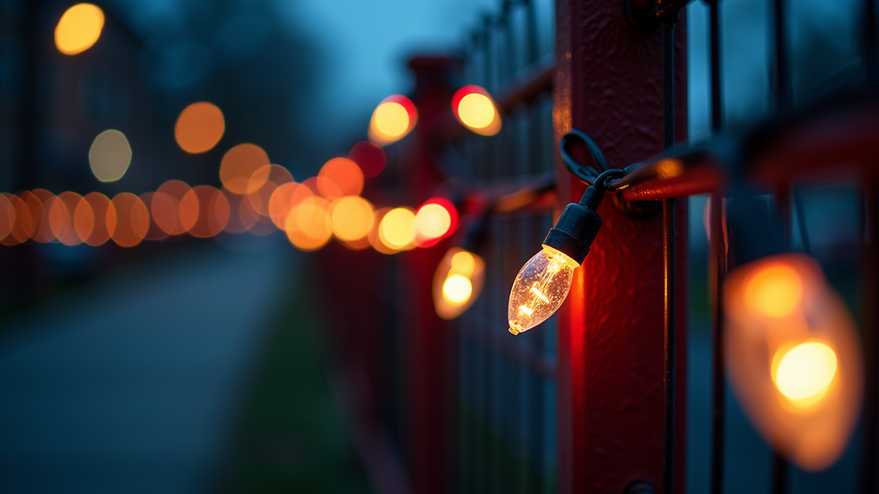 Close-up view of colorful holiday lights strung along a fence