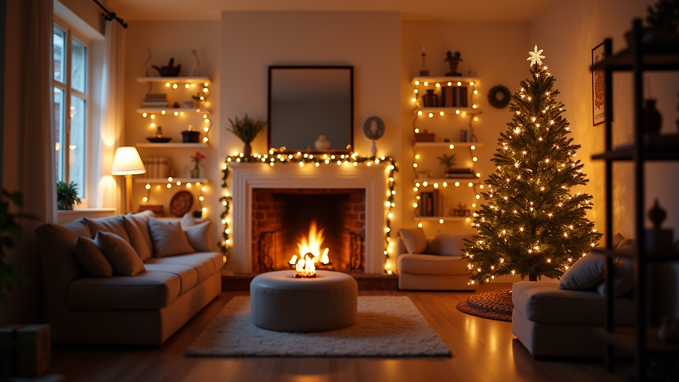 High angle view of a beautifully decorated living room with holiday lights