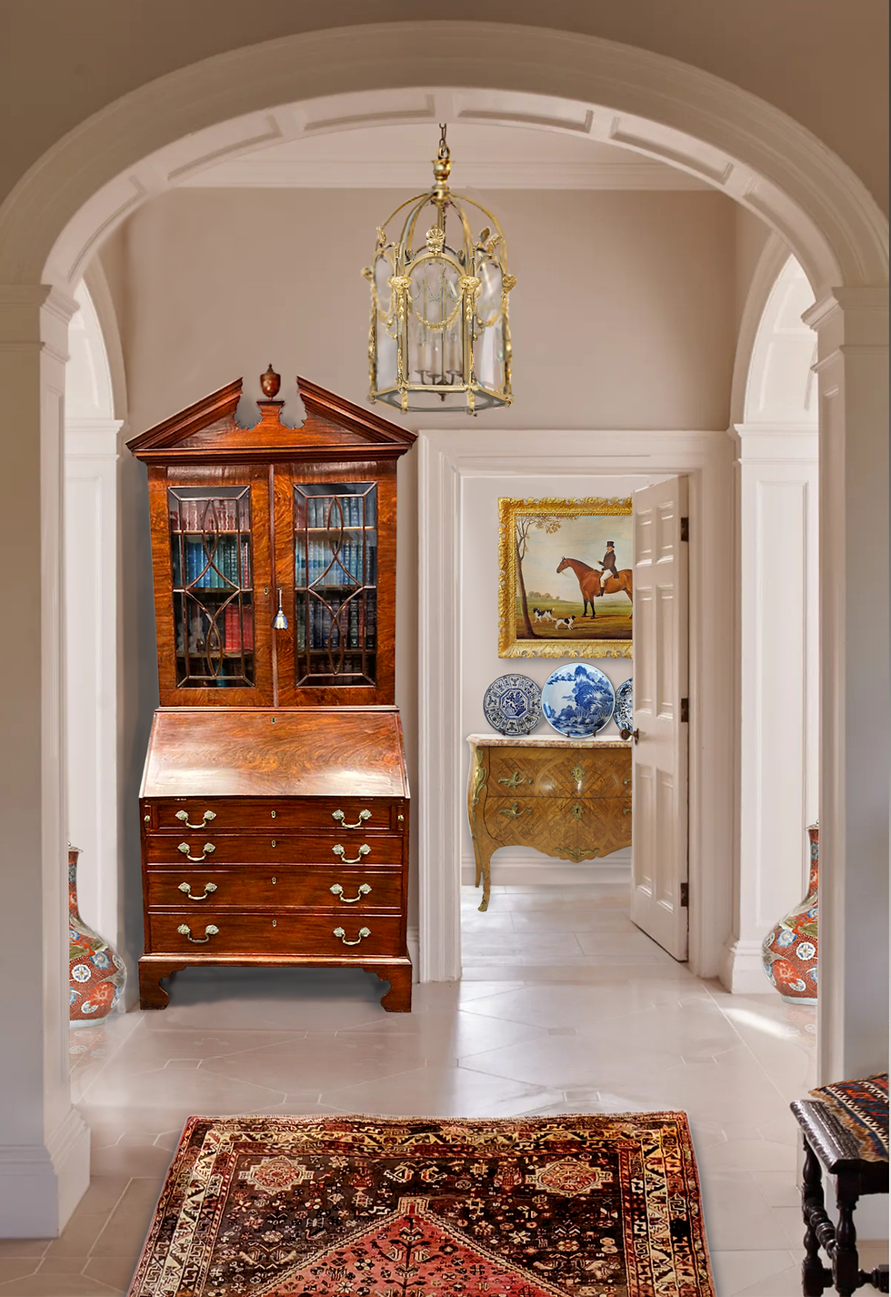 Modern classical styled hallway used as an exhibition space for items from the Conception Classique antique catalogue