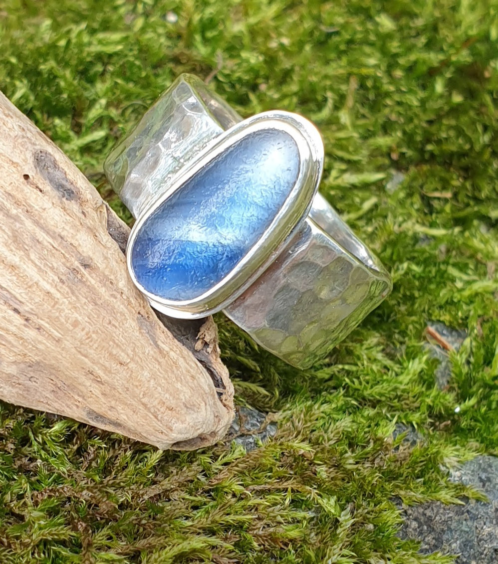 Smoky blue stripy seaglass ring (approx size N - O)