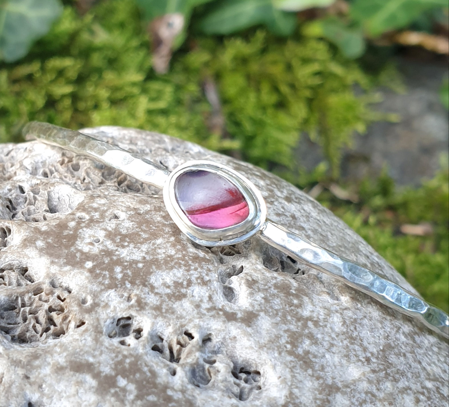 Handmade bangle with bezelled seaglass charm (S)