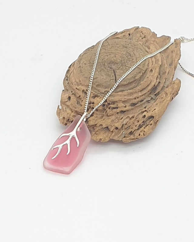 Pink multi glass sea glass and recycled sterling silver pendant on a chain