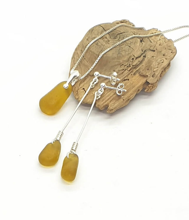 Amber sea glass and recycled sterling silver pendant and dangle earrings jewellery set
