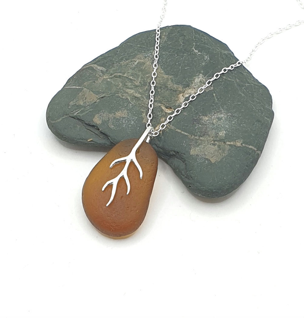 Caramel seaglass pendant with branching bail