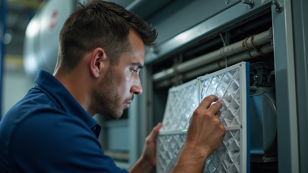 Close-up view of HVAC technician inspecting air filter inside air handler