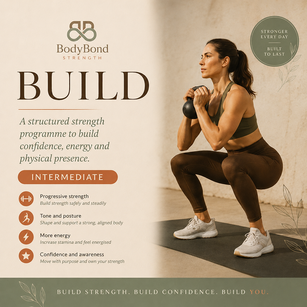 Woman doing kettlebell squats for strength and confidence.
BodyBond Build
Intermediate Programme
A structured strength programme to build confidence, energy, and physical presence.