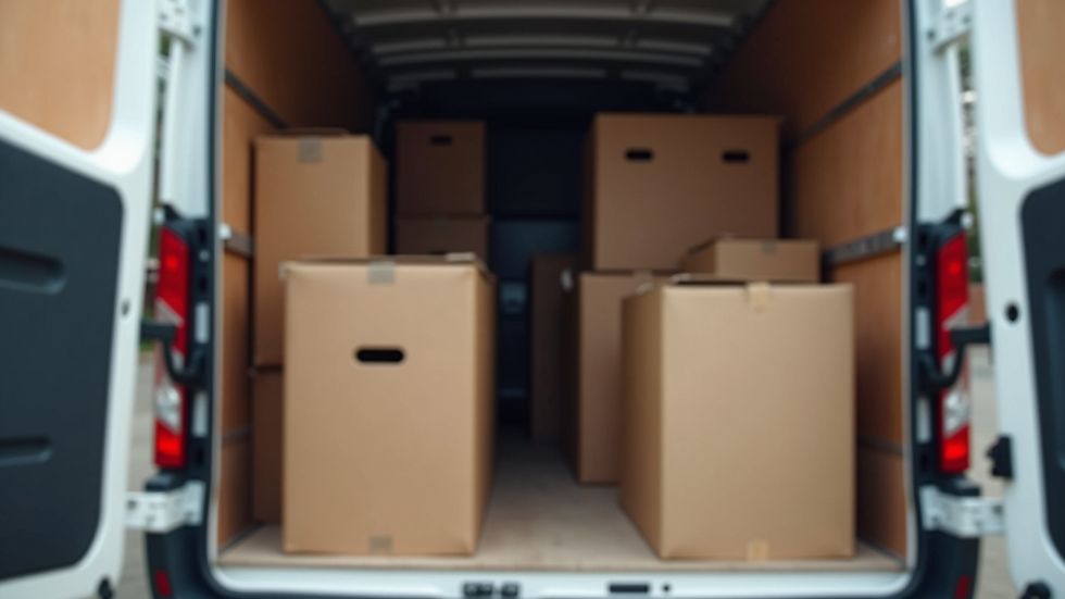 Close-up view of moving boxes and furniture loaded inside a moving truck
