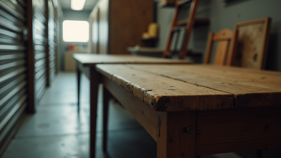 High angle view of a vintage wooden table in a storage unit