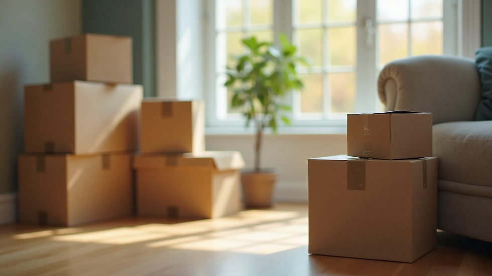 Close-up view of stacked moving boxes and packing supplies