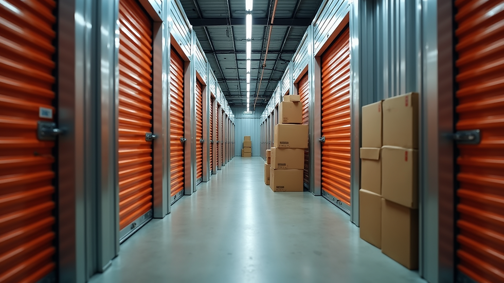 Eye-level view of a climate-controlled storage unit interior with neatly organized boxes