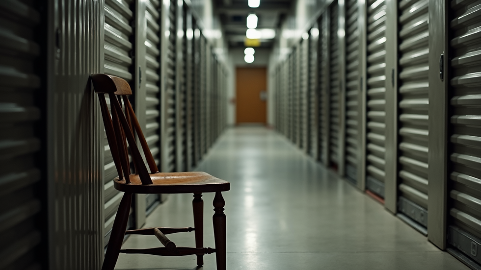 Close-up view of a wooden antique chair in a temperature controlled storage unit