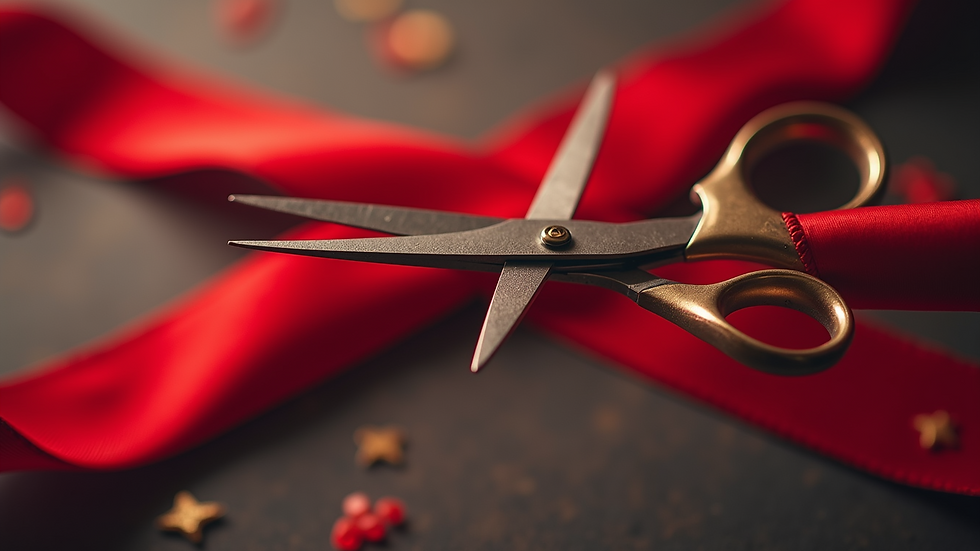 Close-up view of ceremonial scissors cutting a bright red ribbon
