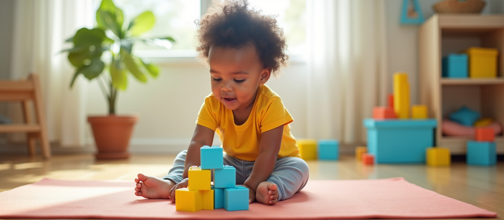 Young child playing with colorful building blocks on a rug. Peek A Boo Learning