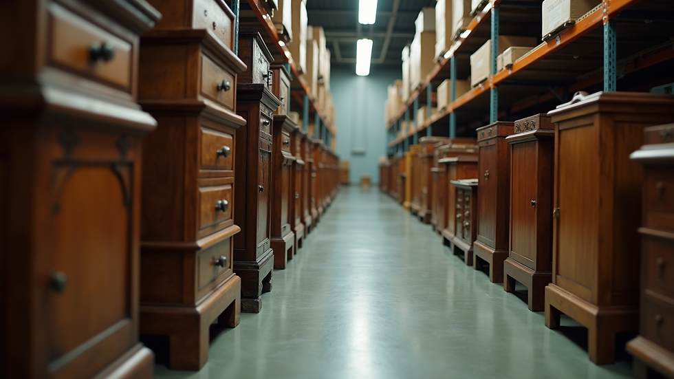 Close-up view of wooden antique furniture stored in a temperature controlled unit