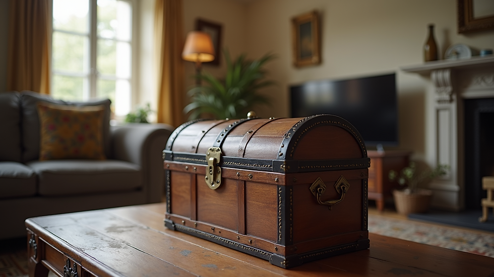 Eye-level view of a treasure chest used as a coffee table in a living room