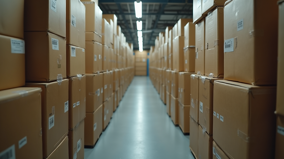 High angle view of neatly packed boxes inside a climate-controlled storage unit