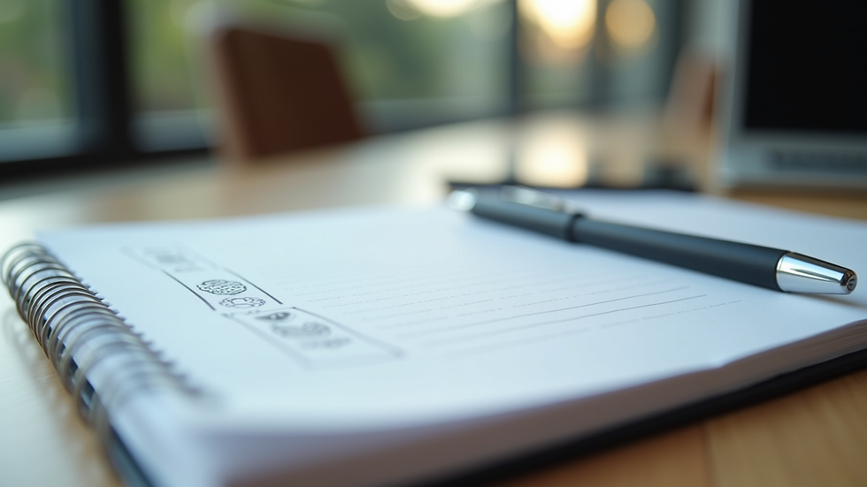 Eye-level view of a notebook with business strategy notes and a pen